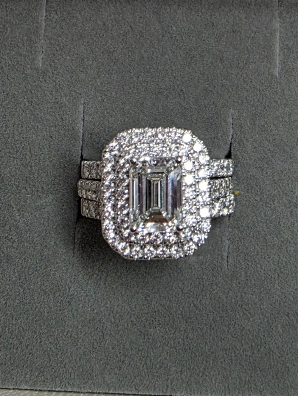 New 3ct IGI Certified Emerald cut Engagement Ring with two bands, 14K White Gold